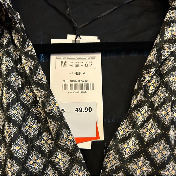 Zara Smocked Ruffle V Neck Mini Dress Long Sleeved Metallic Thread Black - Picture 5 of 6